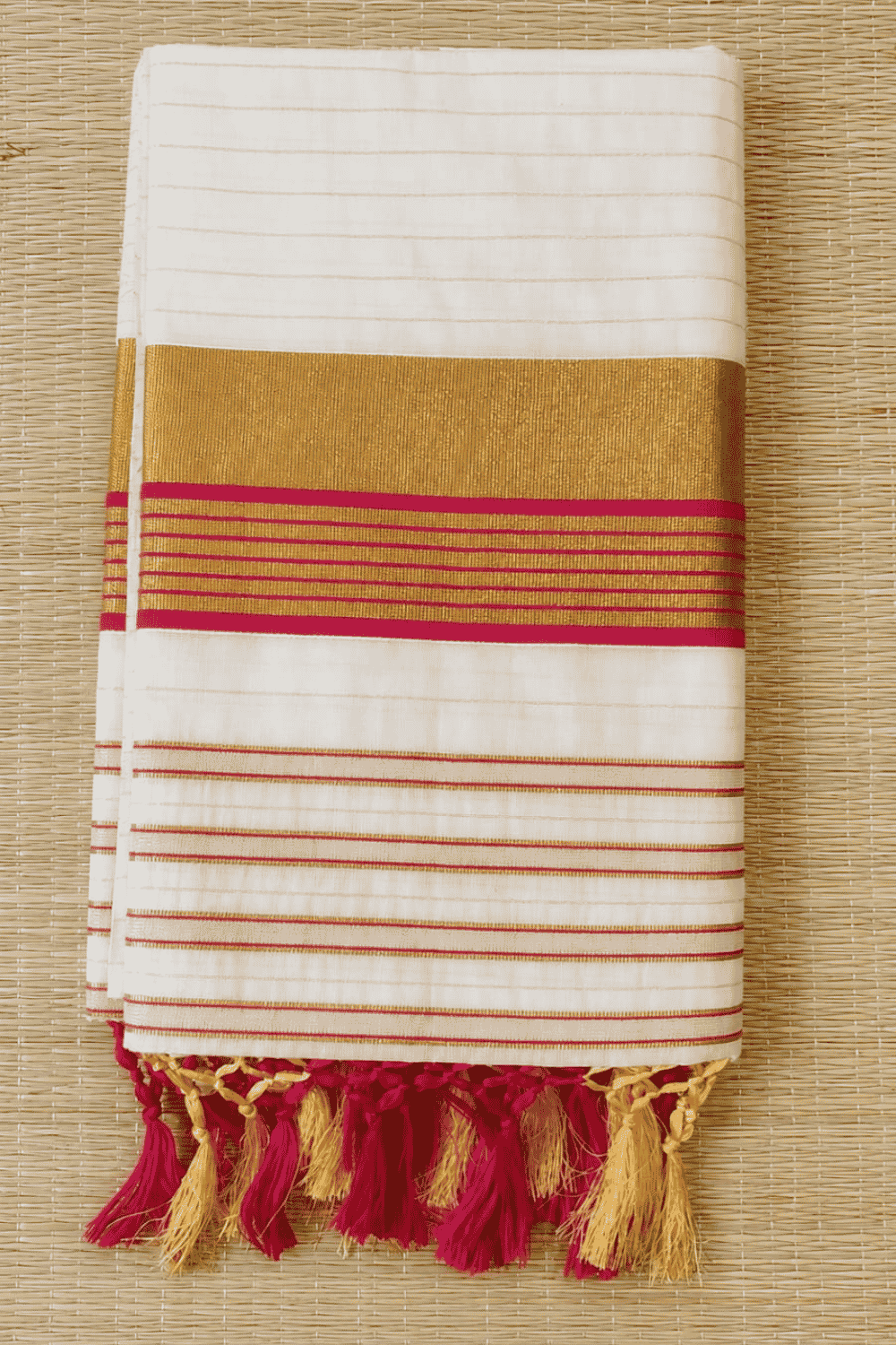 Kerala Kasavu Saree with Golden Stripes - Pink