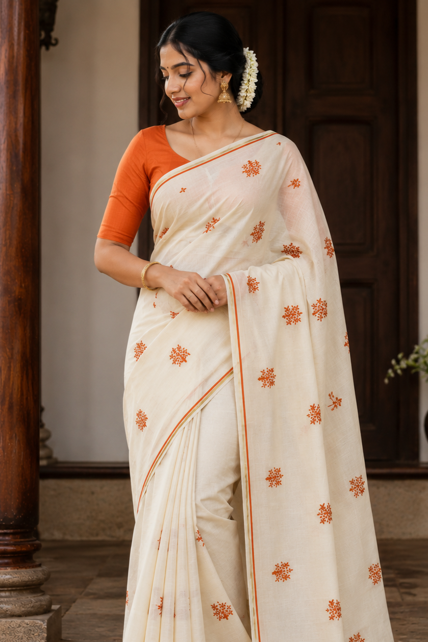 Orange Puliyilakkara Saree with Embroidery