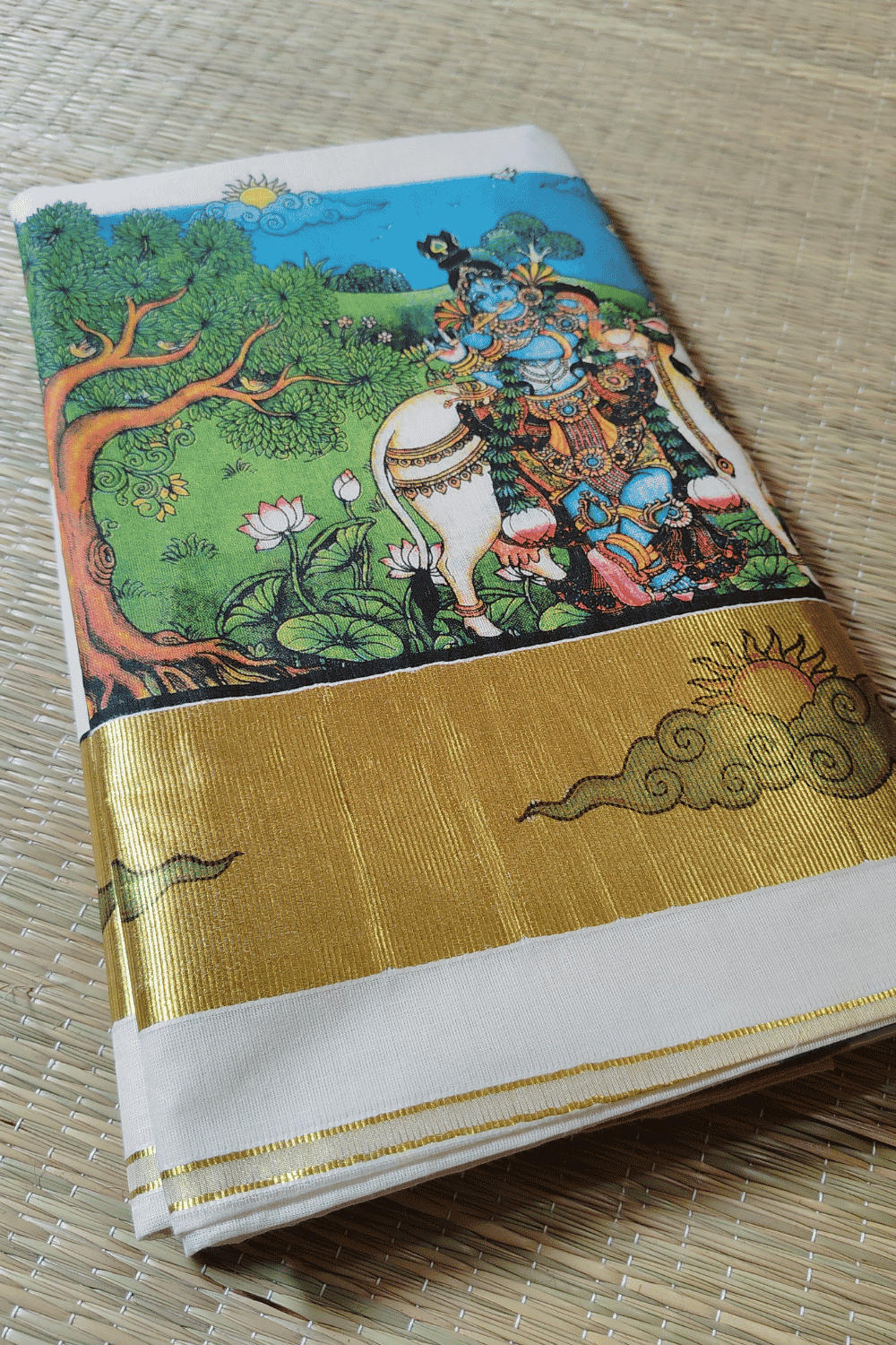 Kerala Kasavu Saree with Mural Krishna