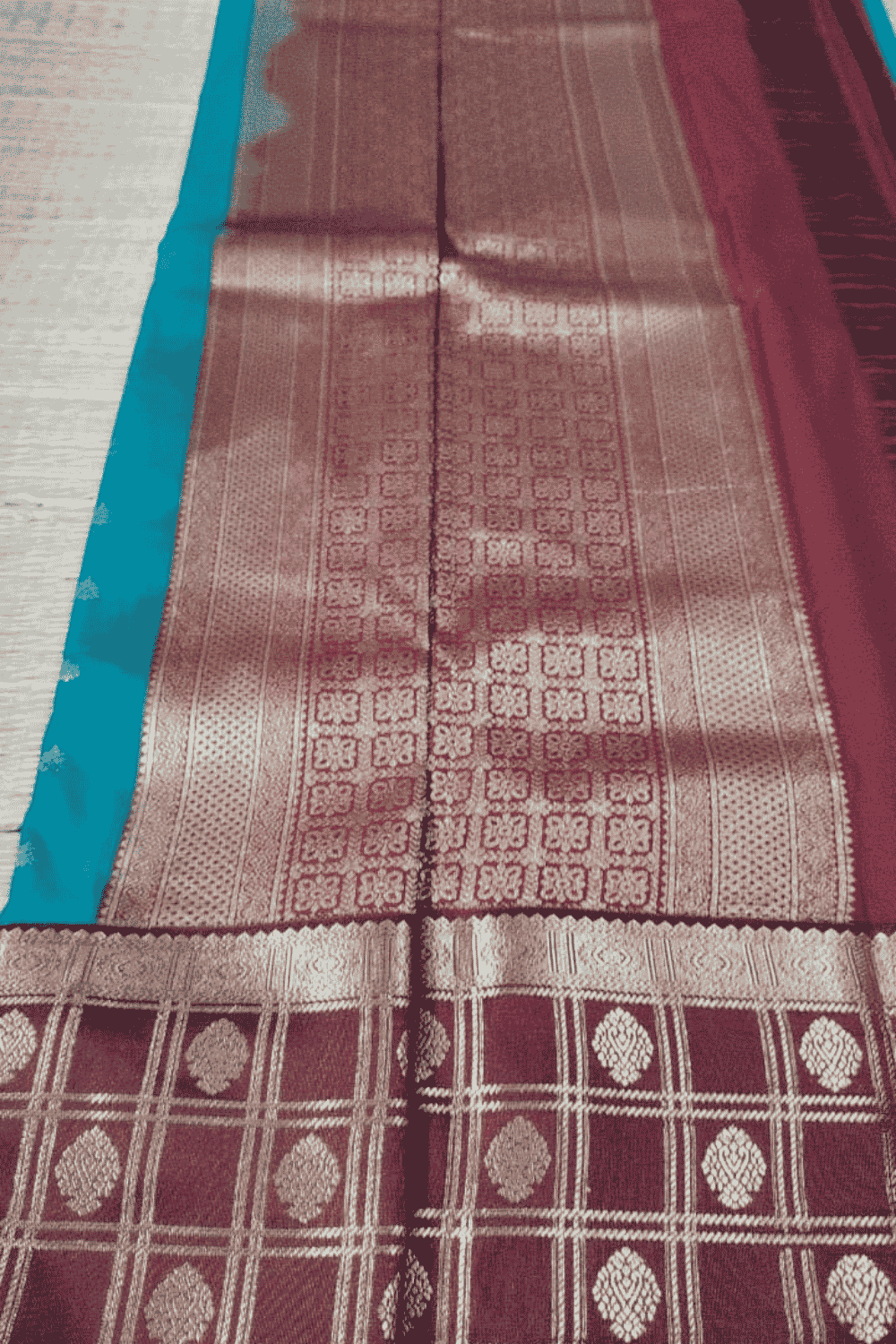 Mathuri Silk Saree Teal Blue with Maroon Border