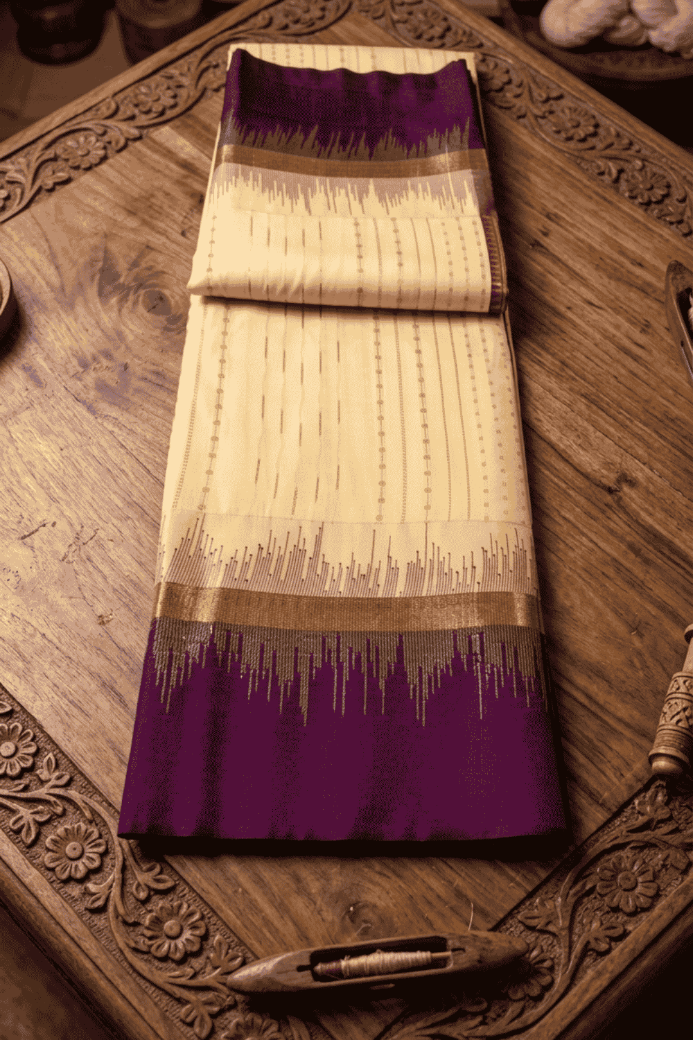 Narayana Silk Saree Cream Body with Dark Grape Border