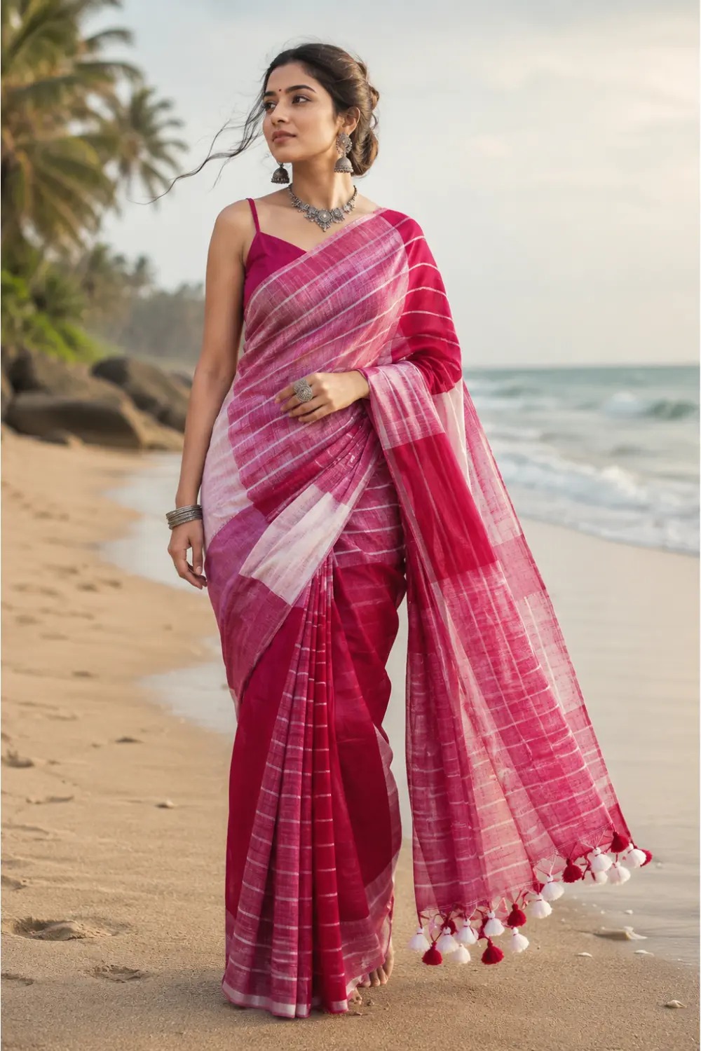 Berry Red Linen Saree