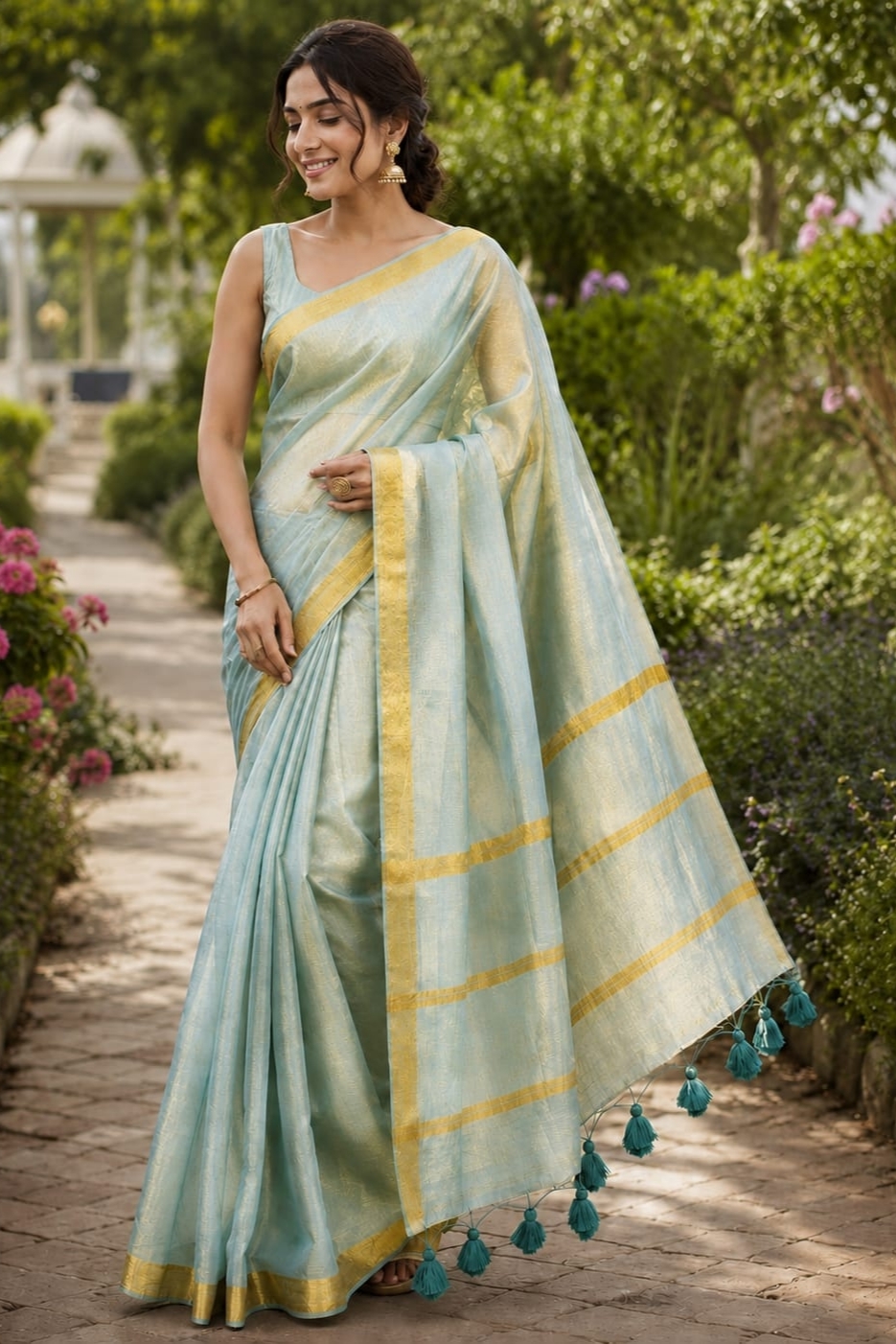 Sea Green Tissue Saree with Golden Zari Stripes