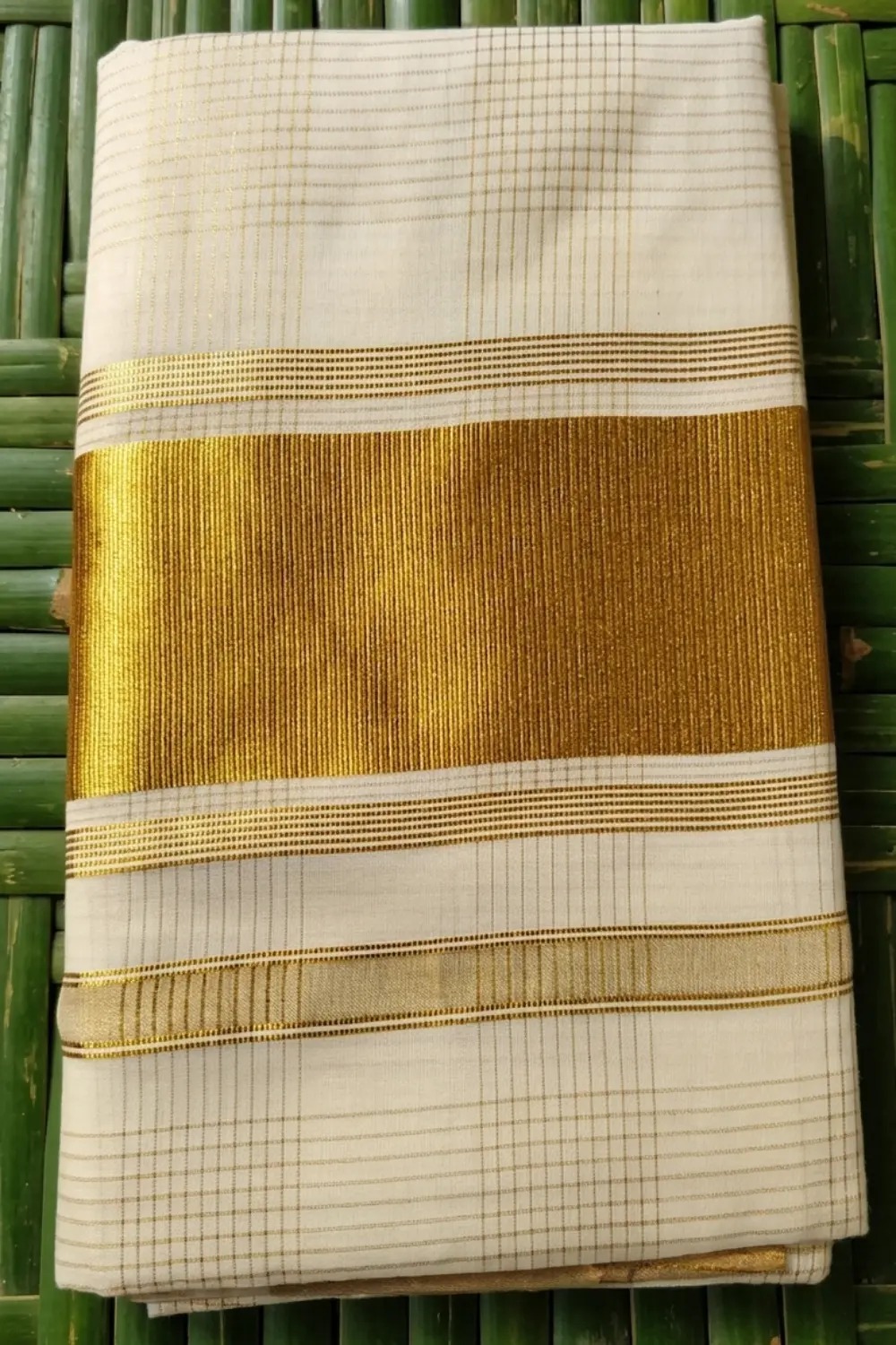 Kerala Kasavu Saree checked with Broad Golden Border