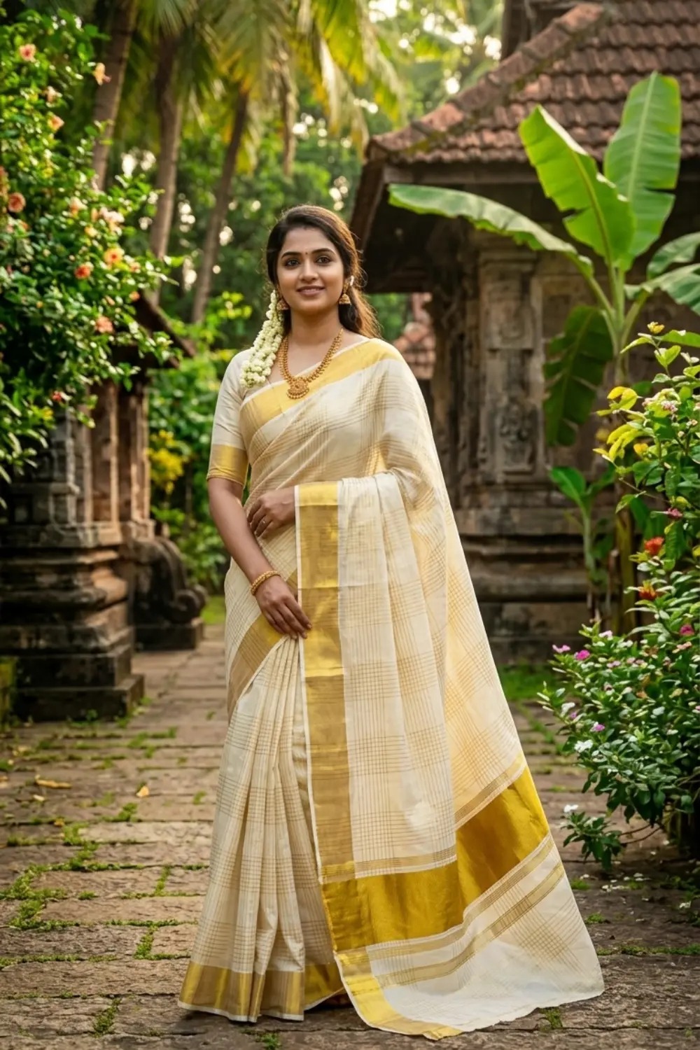 Kerala Kasavu Saree checked with Broad Golden Border