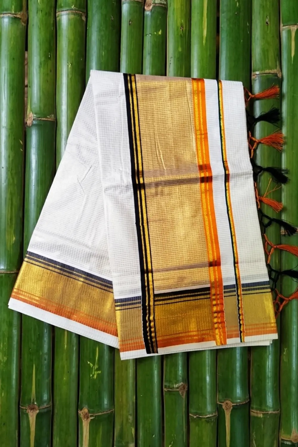 Kerala Set Saree with orange and black stripes