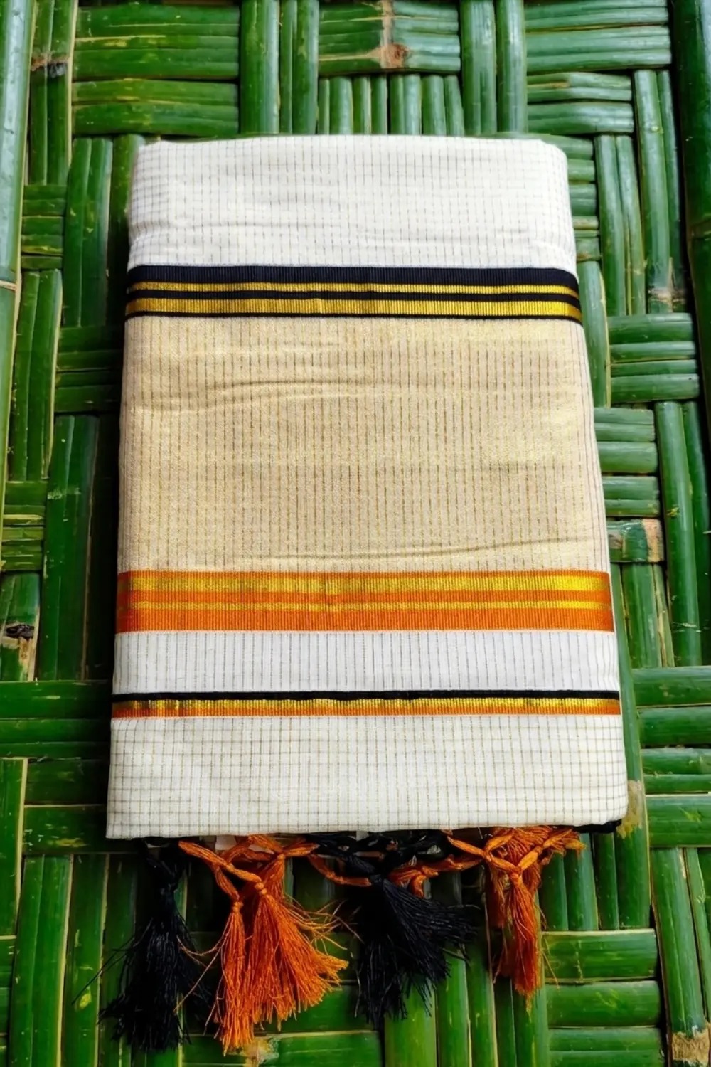 Kerala Set Saree with orange and black stripes