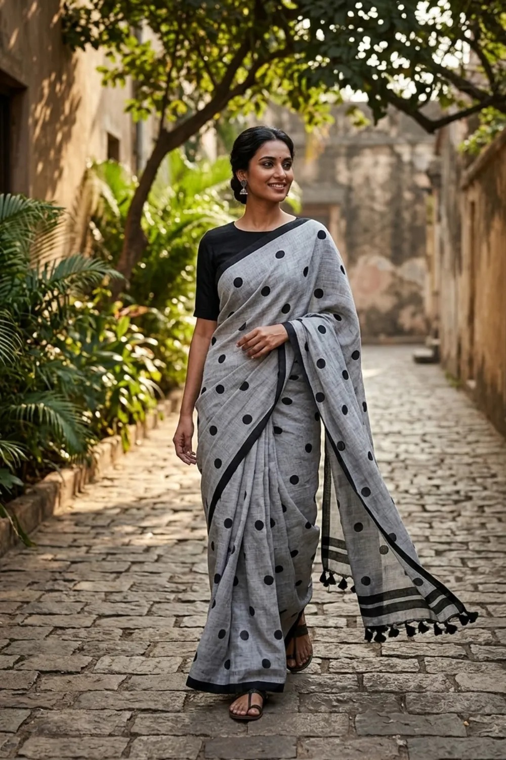 Classic Grey & Black Polka Dot Khadi Cotton Saree