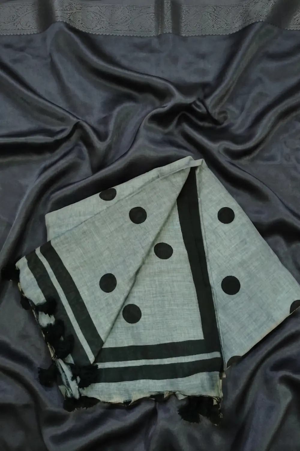 Classic Grey & Black Polka Dot Khadi Cotton Saree