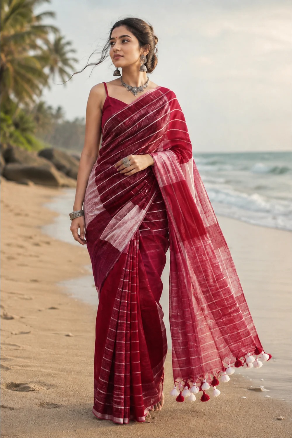 Maroon linen saree