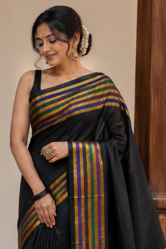 Midnight Black Fancy cotton saree