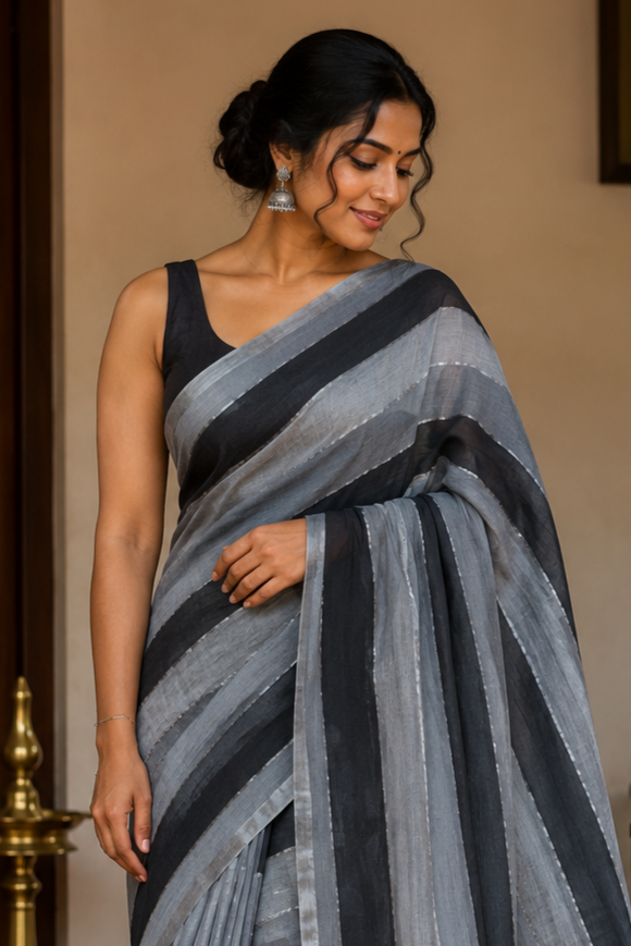 Midnight Mist Striped Mul Cotton Saree
