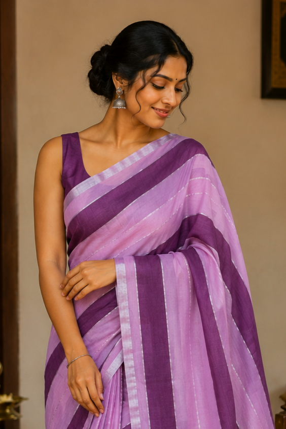 Lavender Striped Mul Cotton Saree