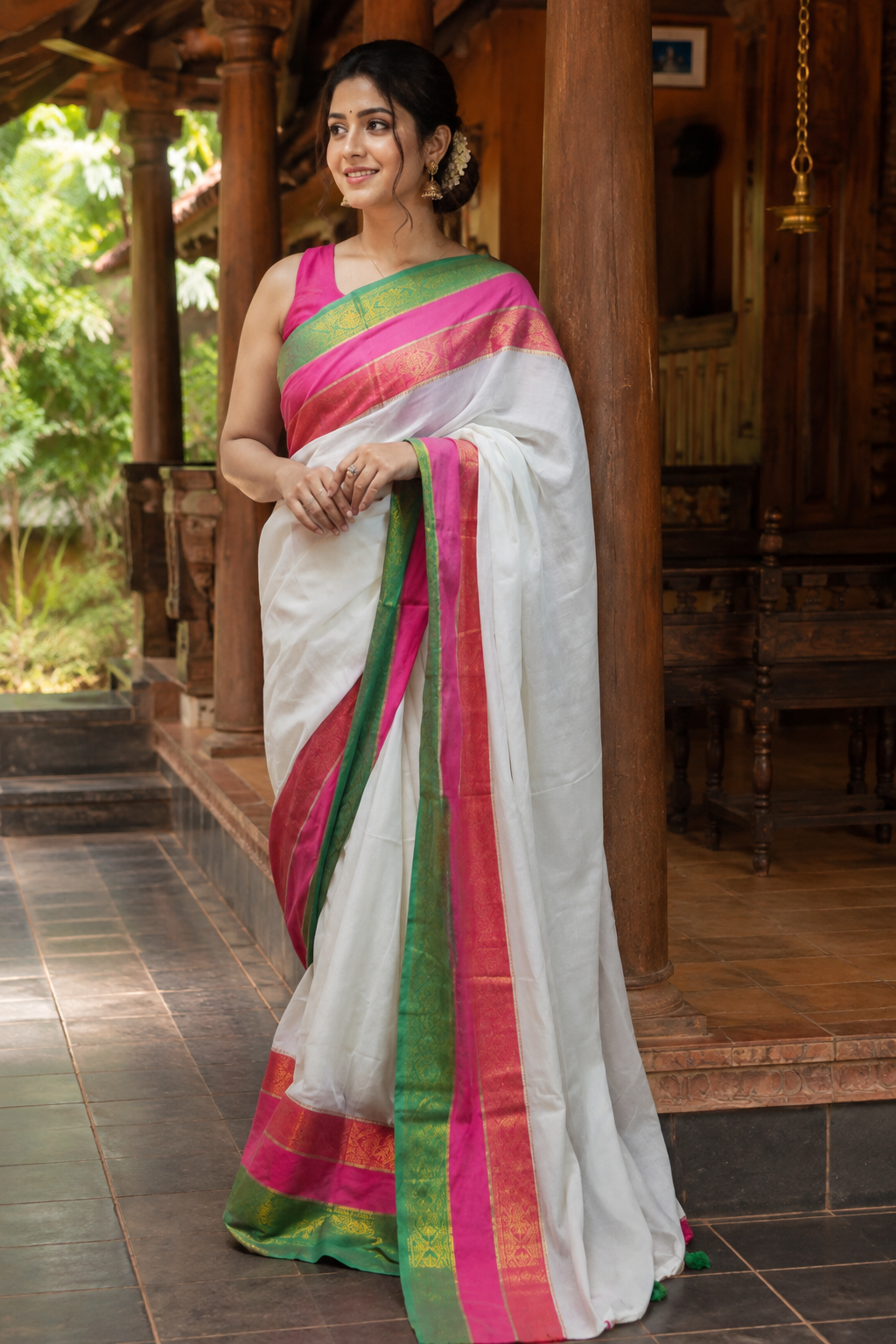 Mul Cotton Saree Green and Pink